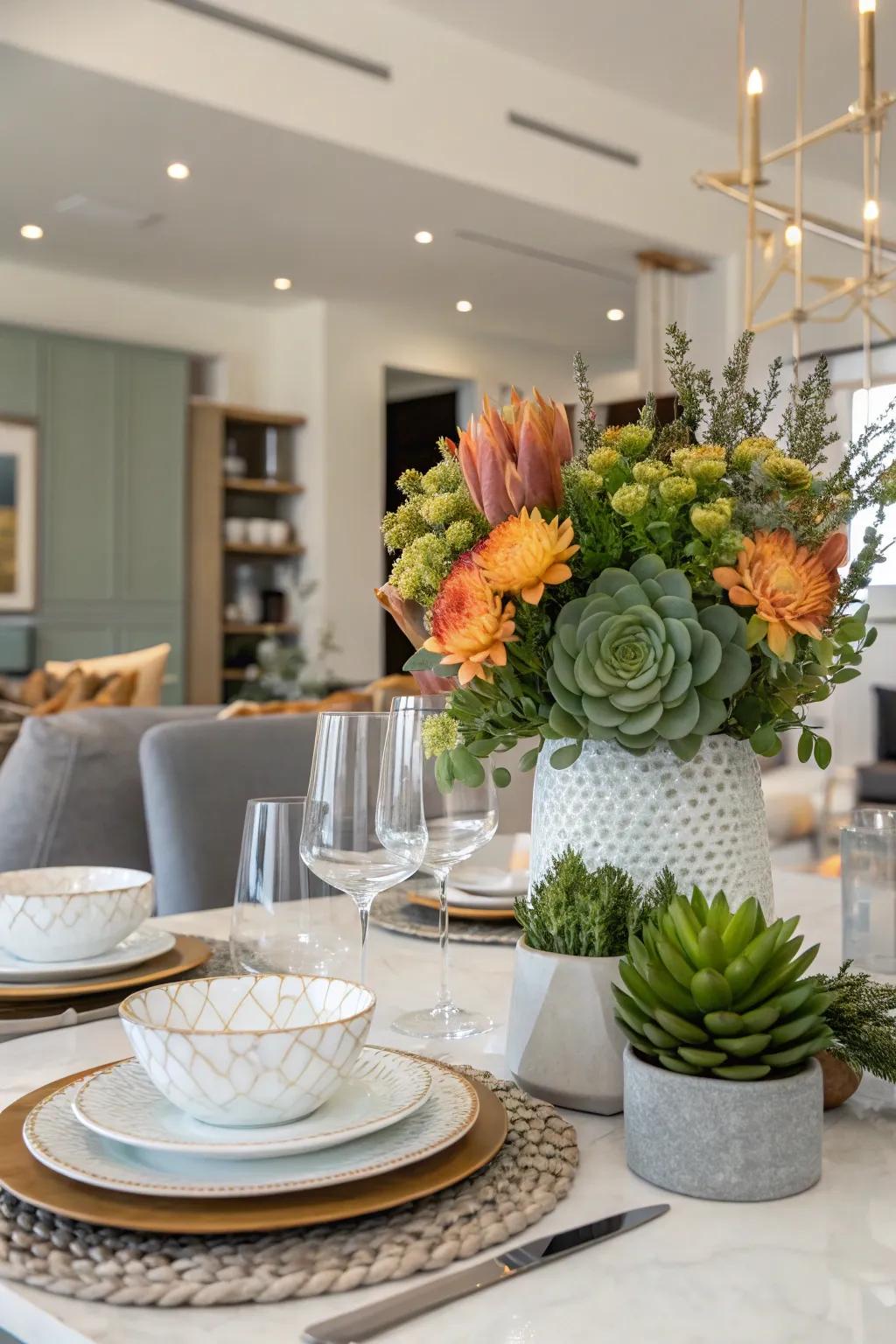 A floral and succulent arrangement adds a fresh and modern touch.