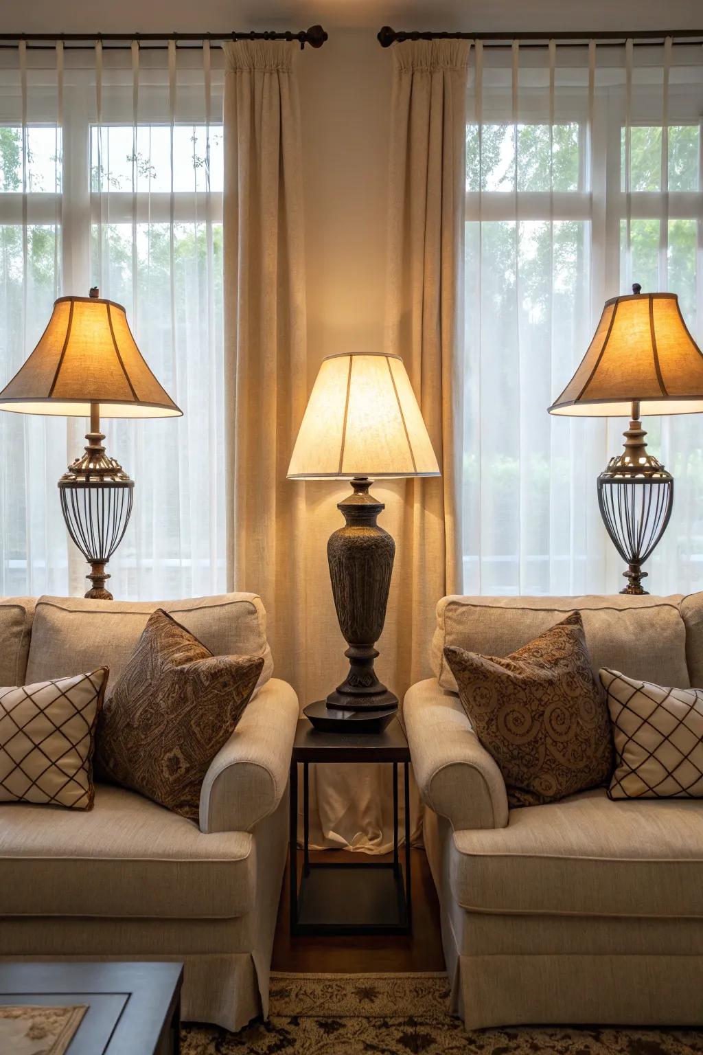 Symmetrical table lamps add balance and sophistication to a living room.