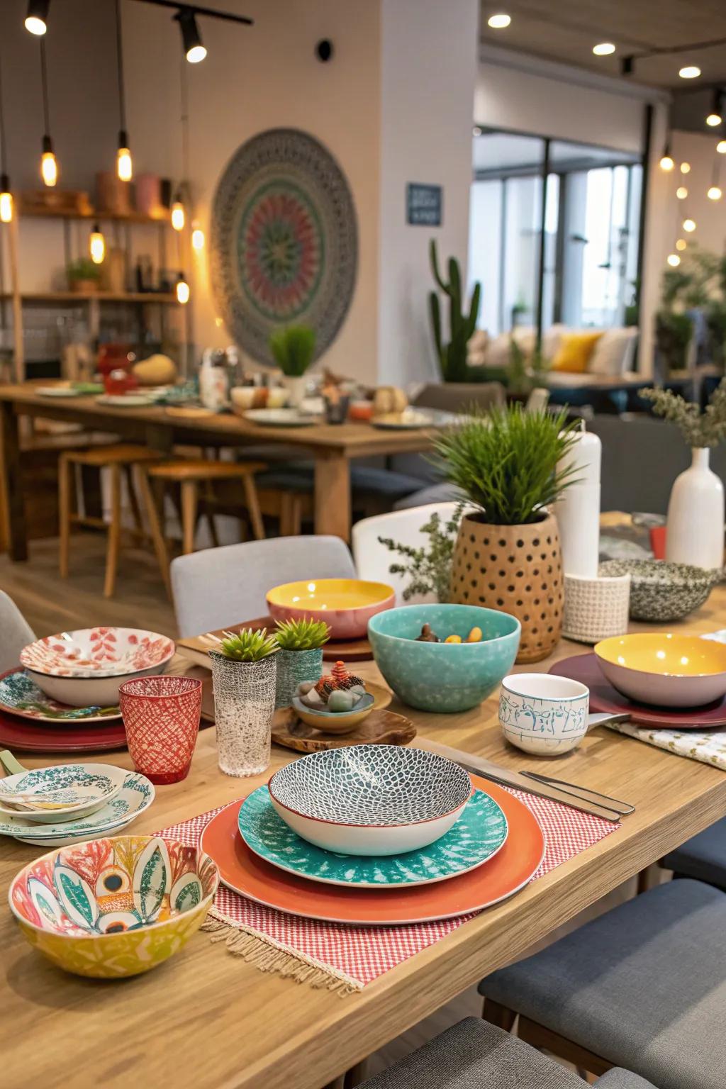 A diverse table arrangement featuring a fusion of styles and hues.