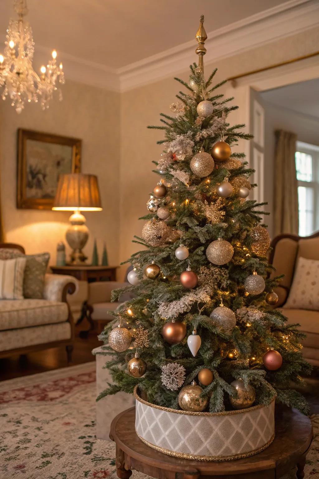 This nostalgic vintage glam-themed tabletop Christmas tree is simply enchanting.