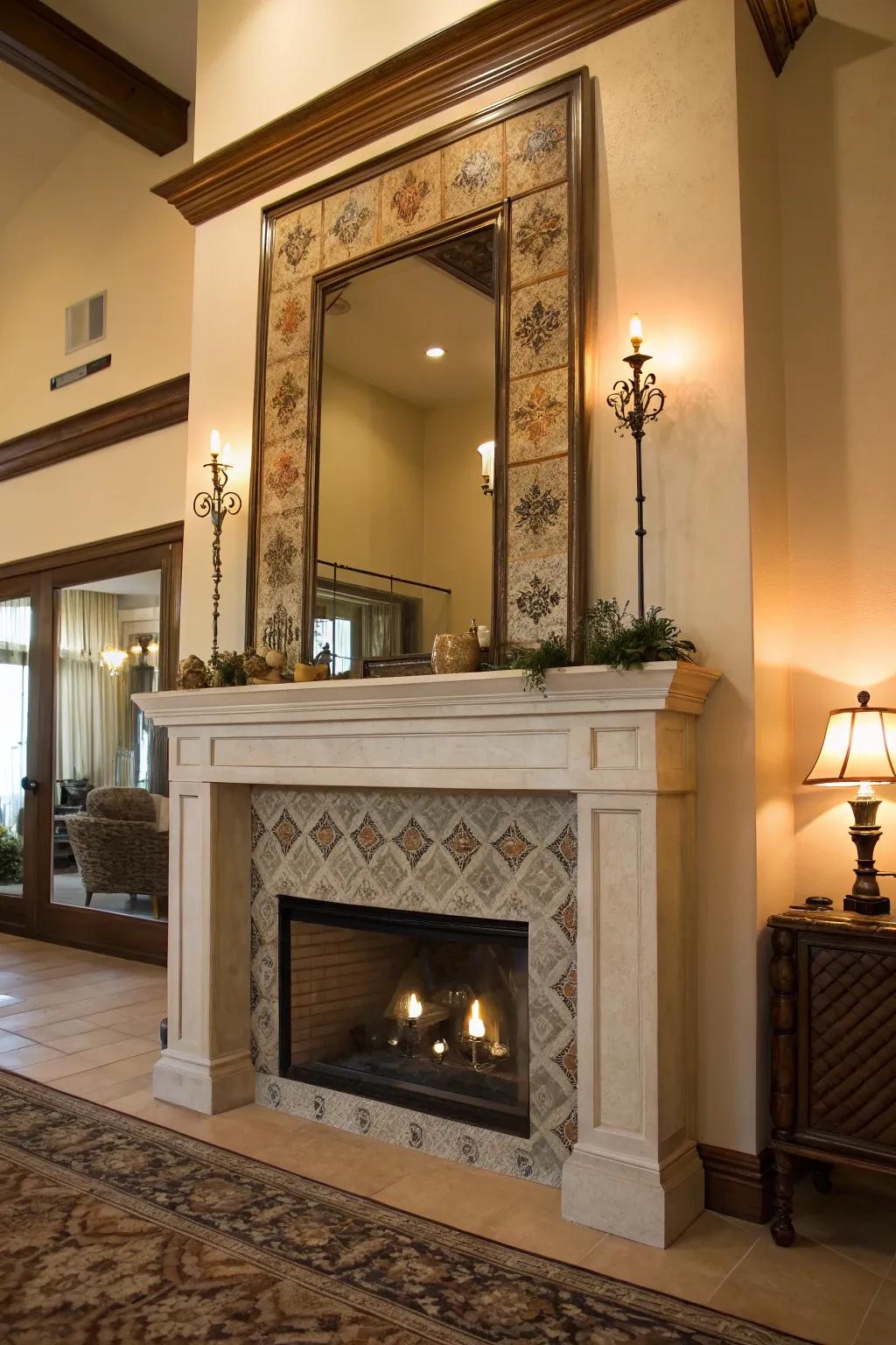 A full-length mirror brings elegance and space to a fireplace wall.