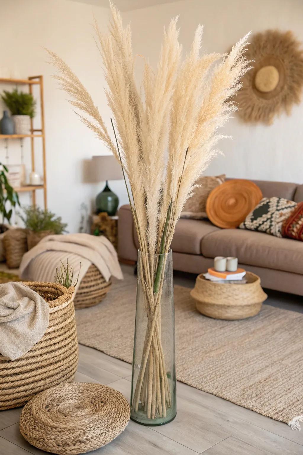 A tall glass vase packed with pampas herb, adding elevation and boho style to the lounge.