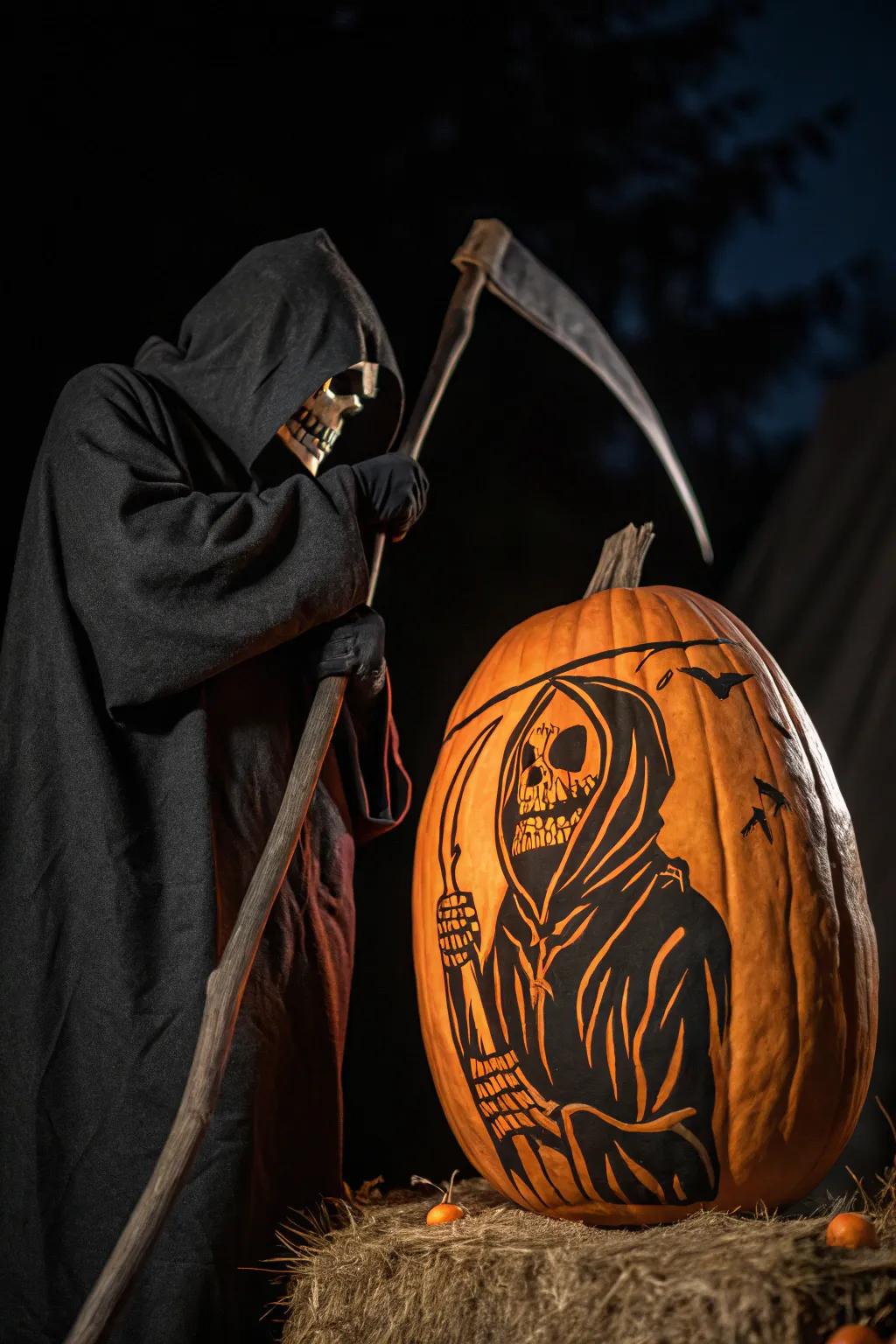 Add a chilling presence with a deathly harvester pumpkin design.