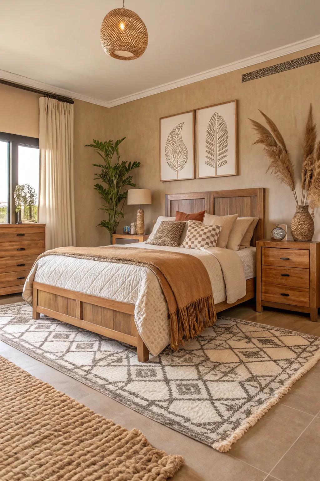 A combination of textures introduces magnitude and visual interest to the beige bedroom.