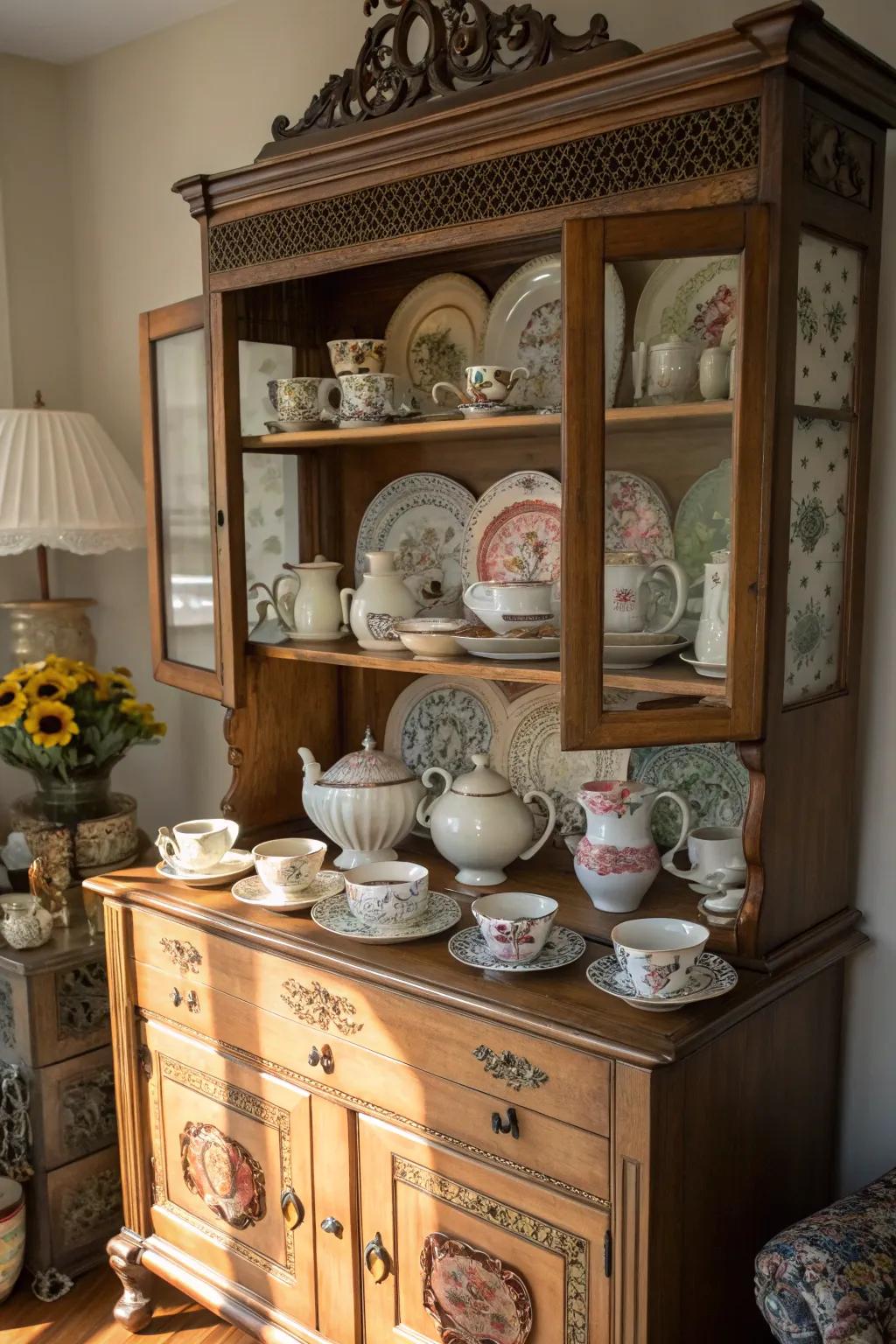 A retro cabinet beautifully displaying a tea set collection.