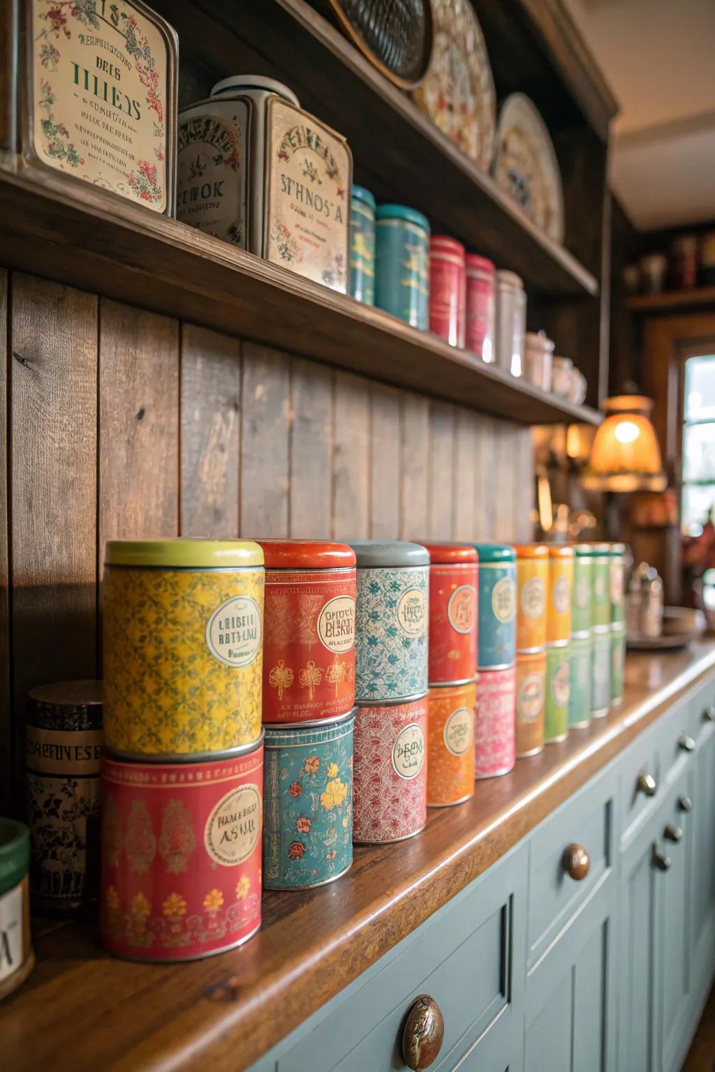 A vibrant assortment of classic tea tins.