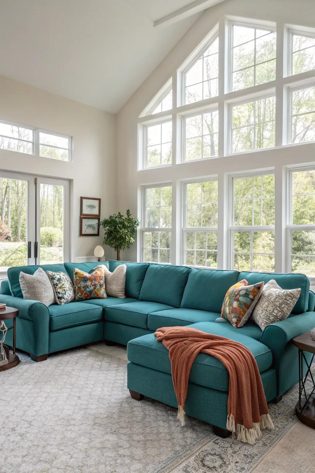 A cerulean sectional delivers both aesthetic and relaxation in expansive spaces.