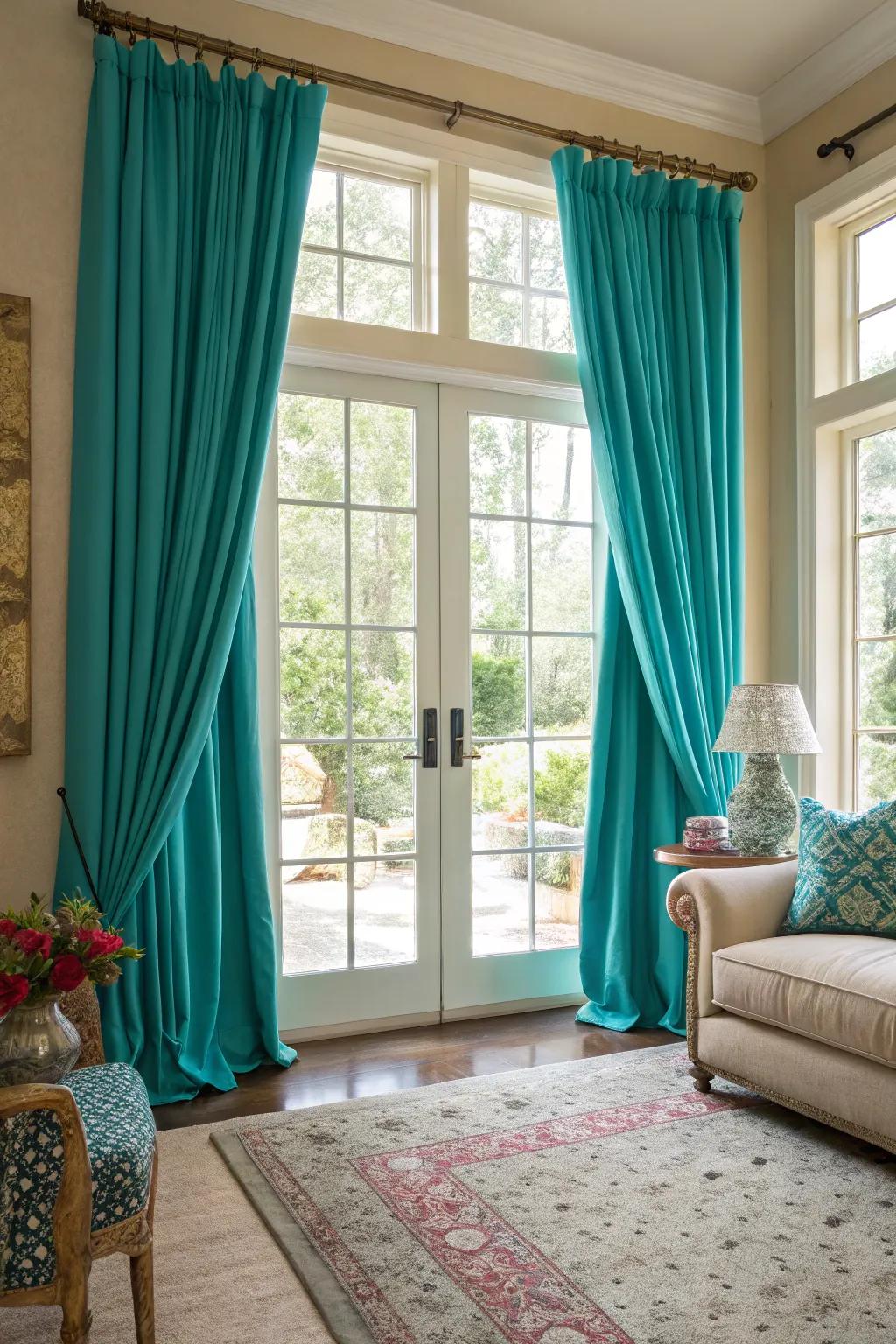 Teal and turquoise window hangings introduce elegance and manage light beautifully.
