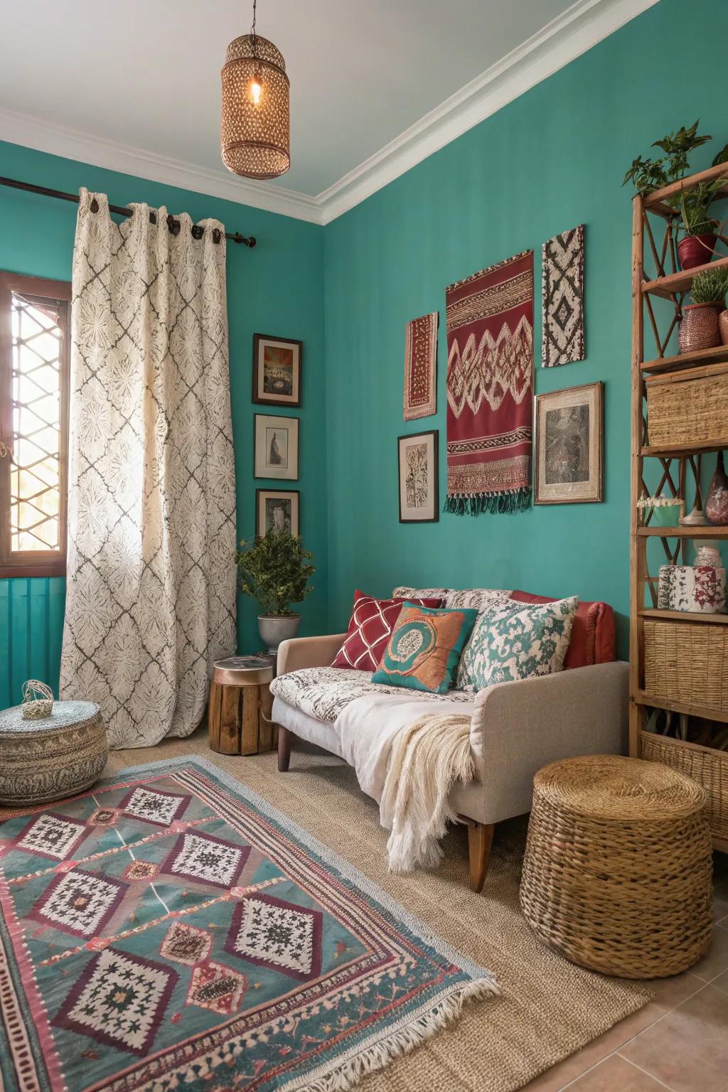 Eclectic design style with aqua walls as a backdrop.