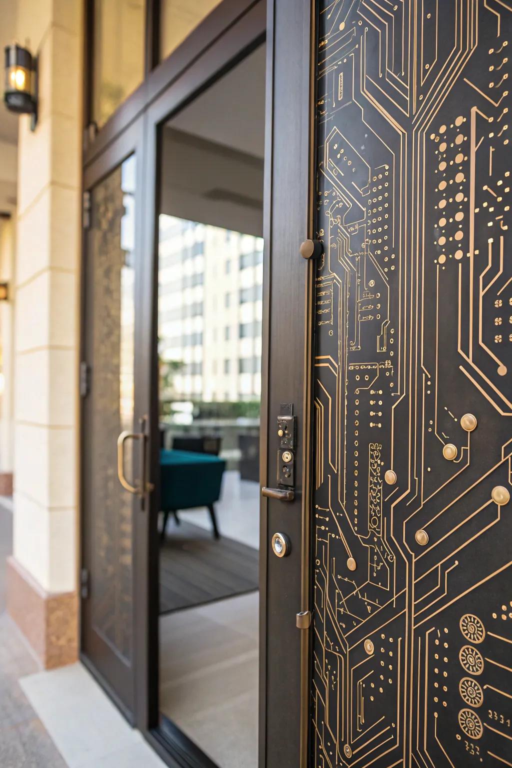 A door featuring intricate electronic board patterns for a techy vibe.