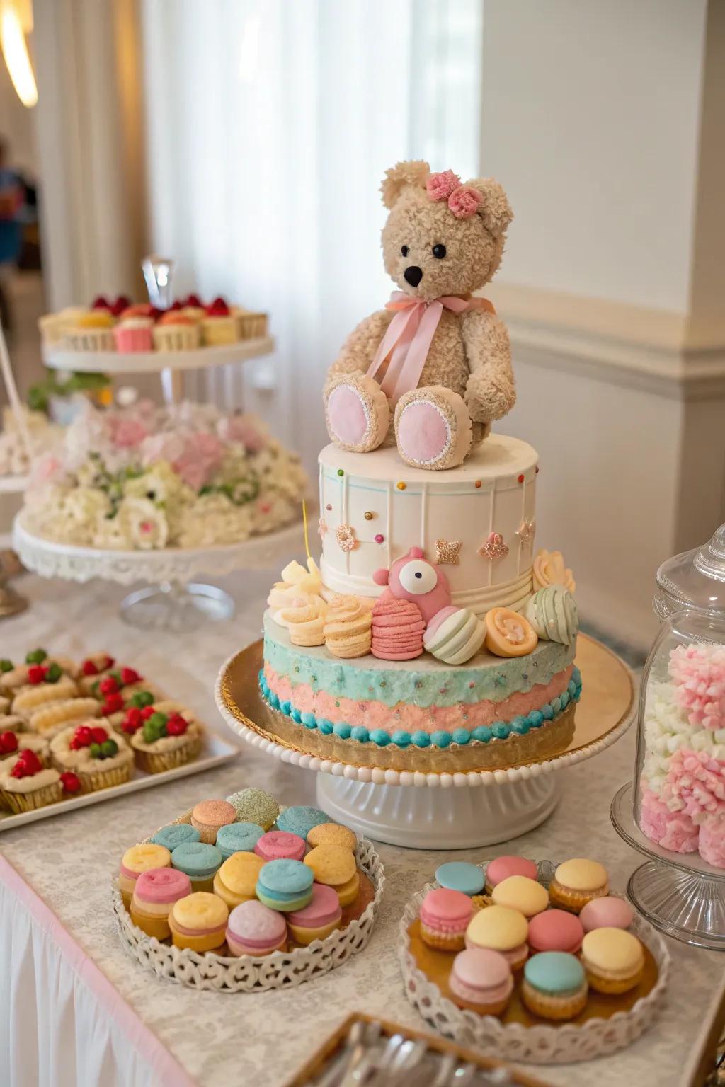 A teddy bear cake is the centerpiece of the dessert table.