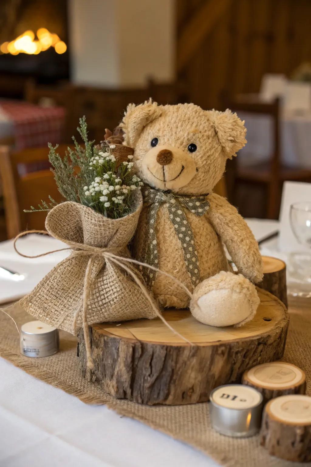 Rustic hessian fabric infuses warmth into a plush companion centerpiece.
