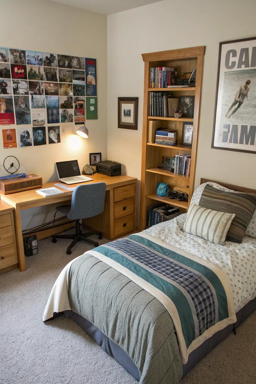 Distinct zones for different activities in this multifunctional teen boy's room.