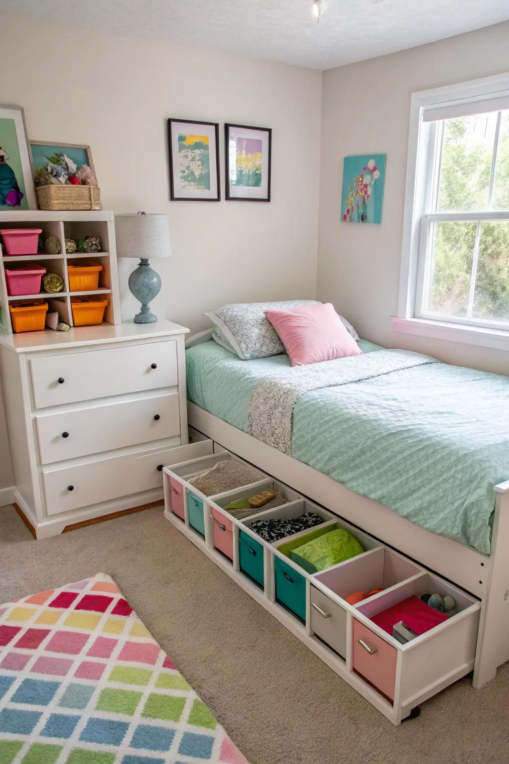 Underneath the bed are hidden storage options.