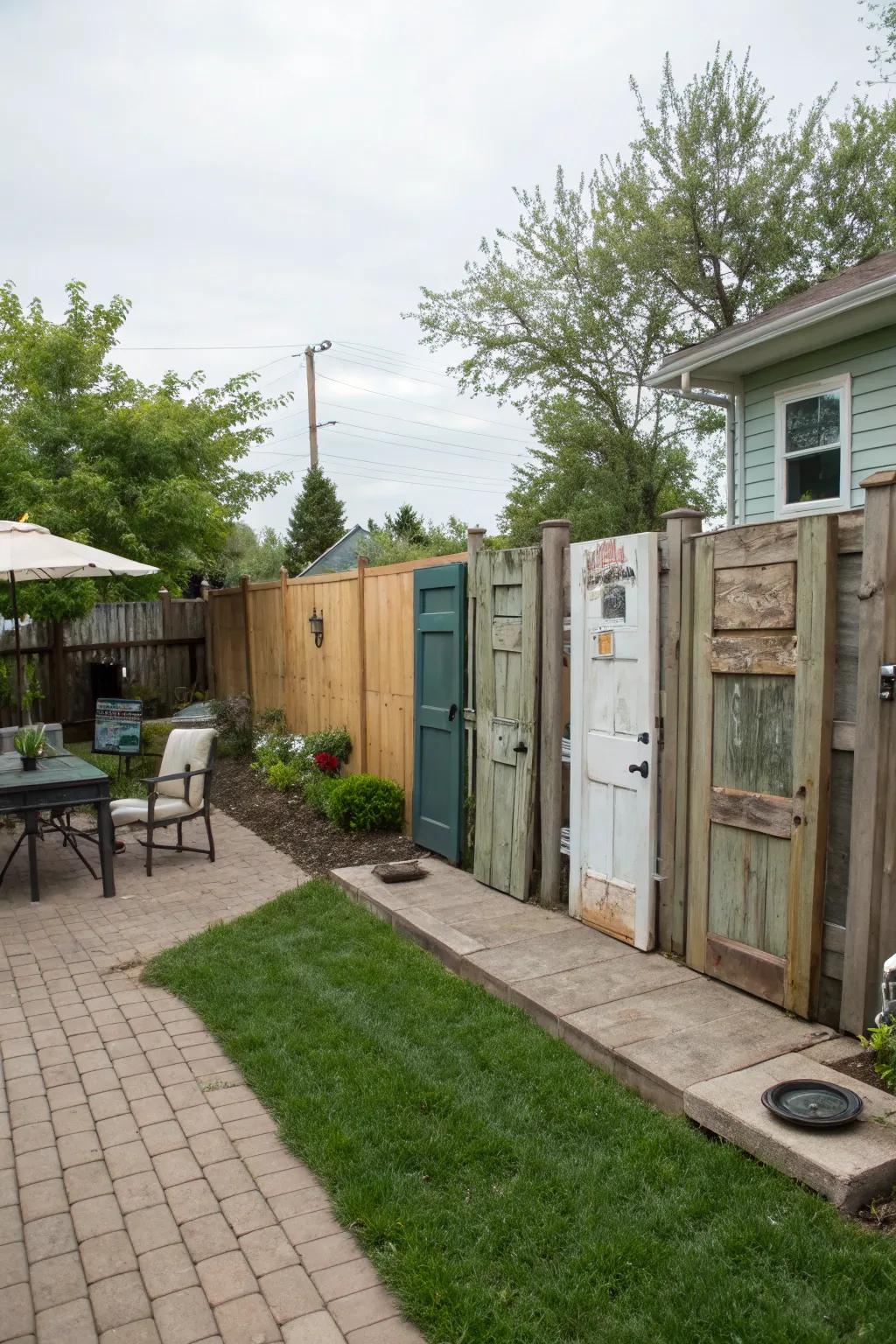 Reclaimed entrances create a whimsical and personalized privacy fence.