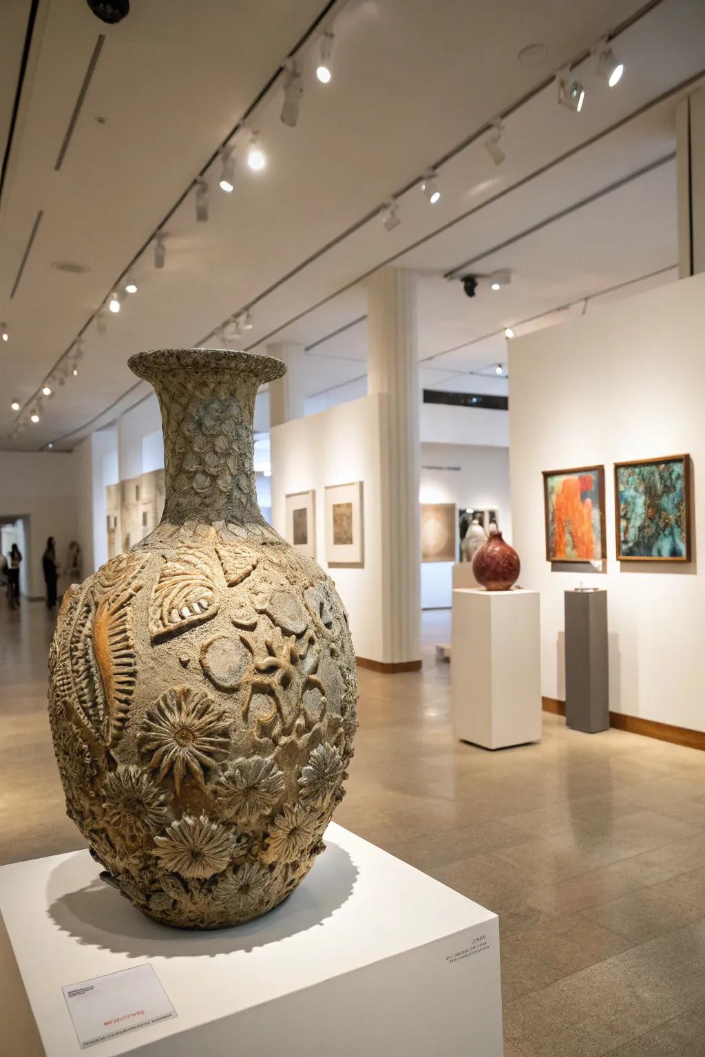 A sculptural textured art piece demands attention in this modern gallery.