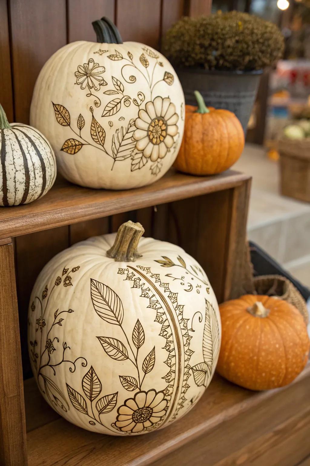 Elegant pumpkins with botanical prints rendering artistic decor.