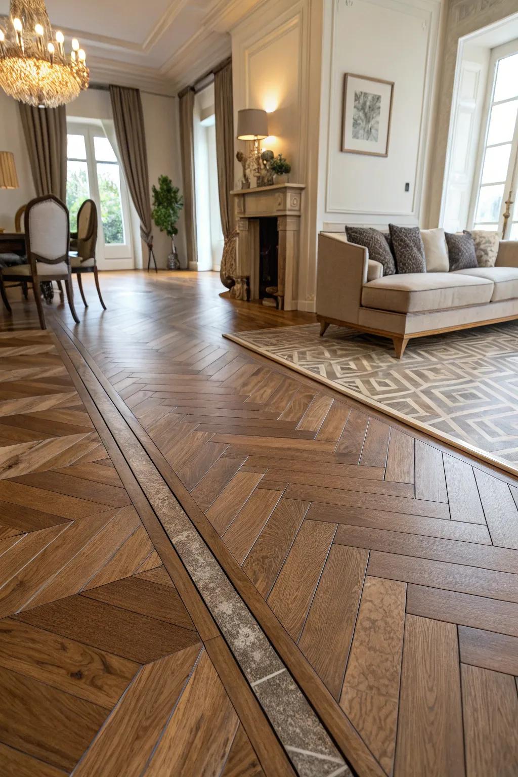 Angled cut tiles fashion a subtle flow into timber flooring.