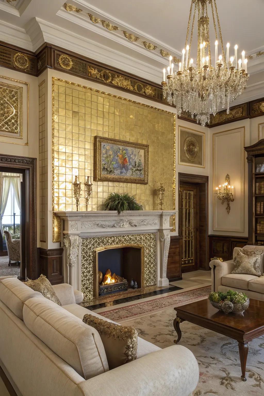 Gilt details add a touch of glamour to this luxurious fireplace.