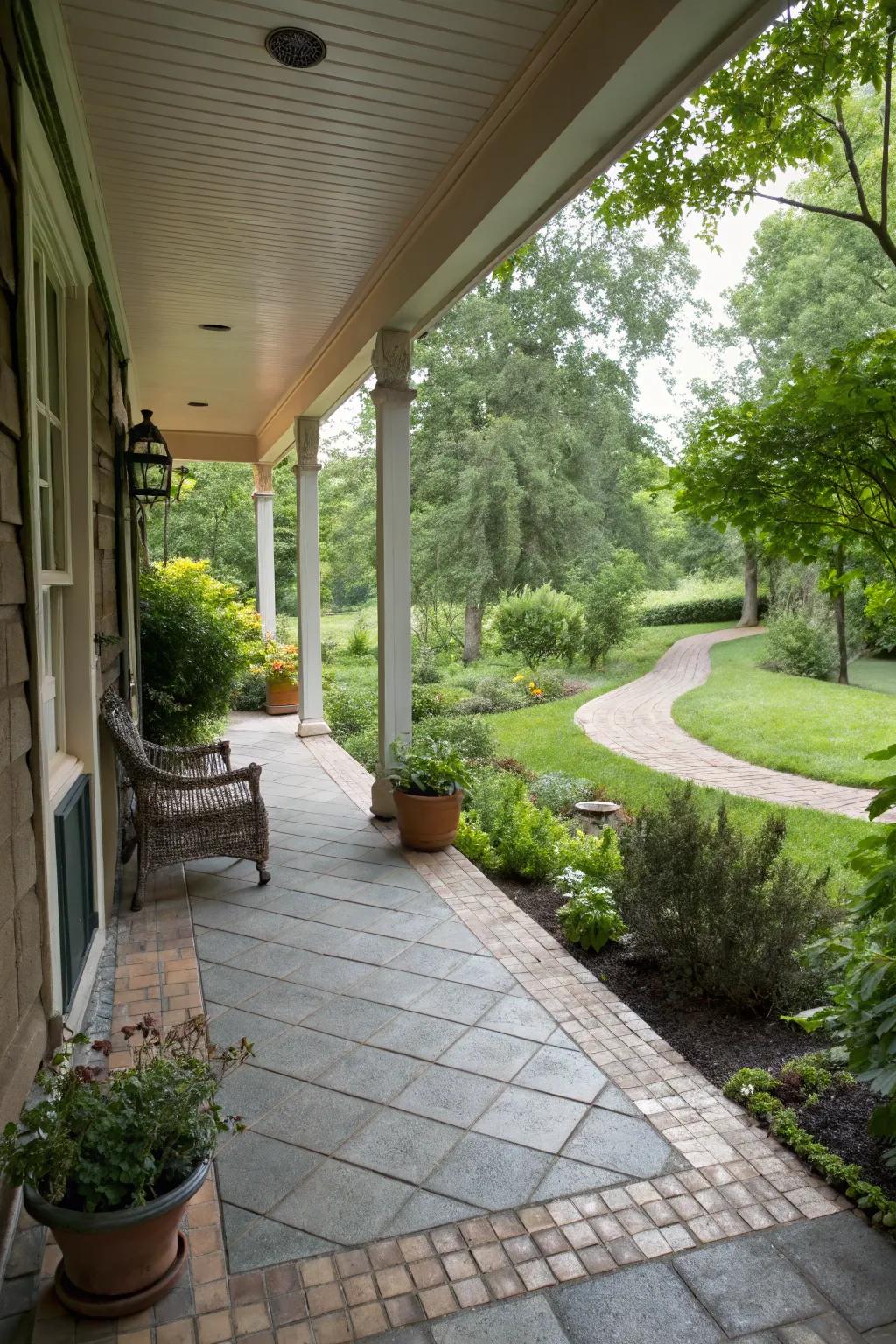 Outdoor paving tiles create a natural transition from the garden to the porch.