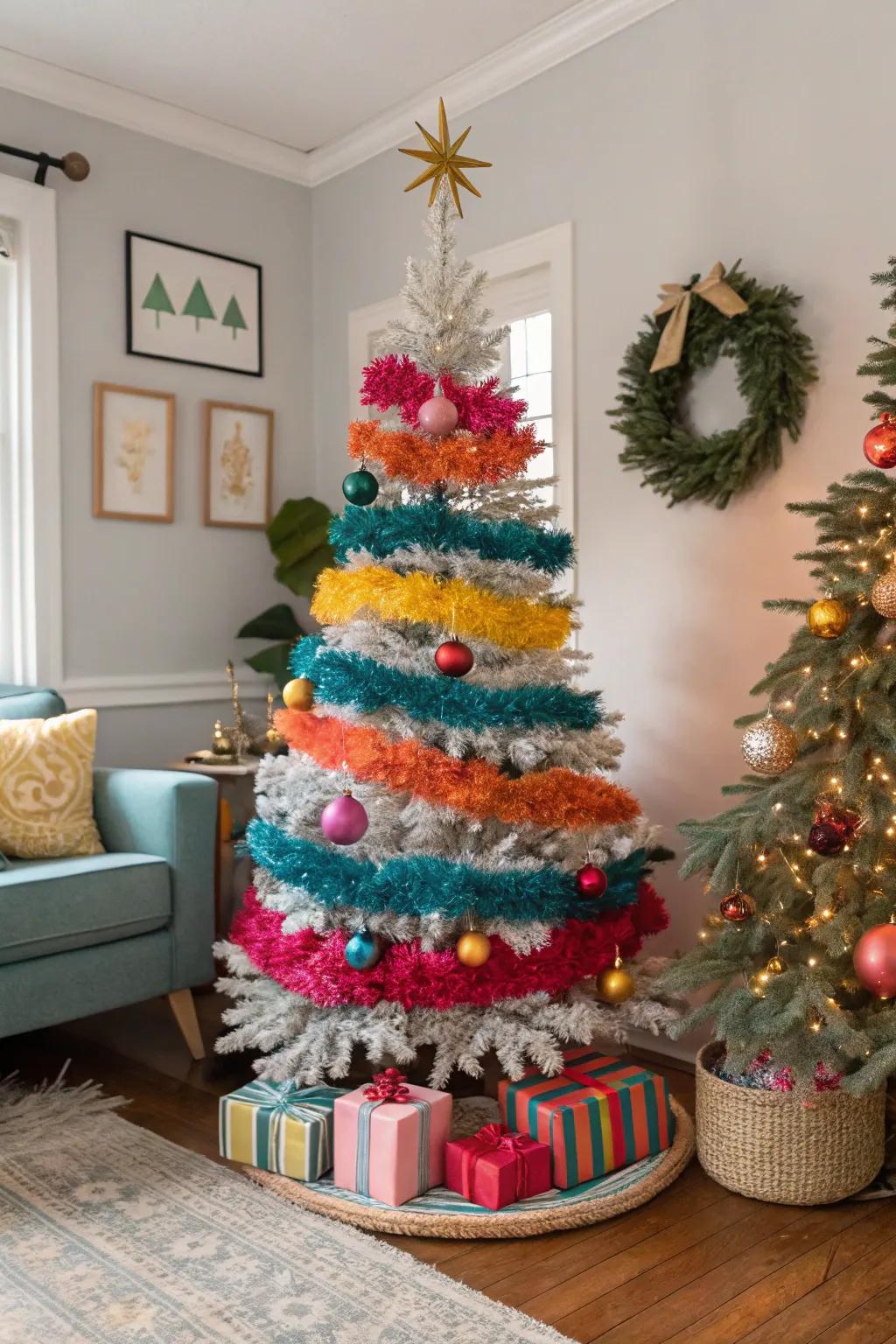 A stylish home decor scene with a retro hue-blocked festive strands Christmas tree.