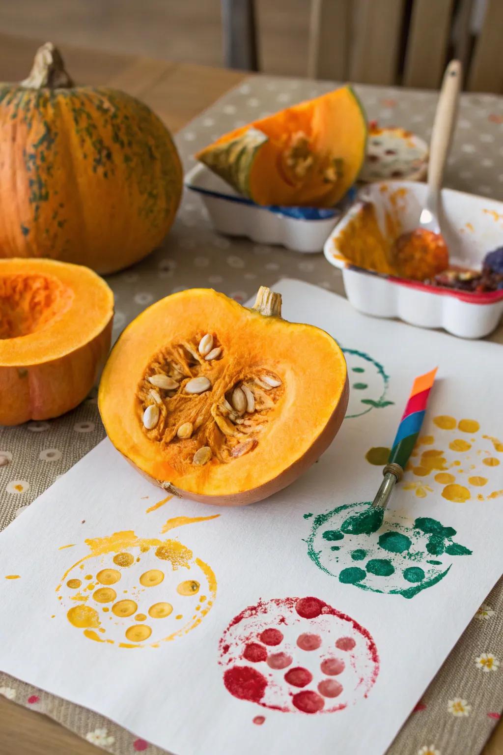 Explore printmaking with pumpkin stamping.