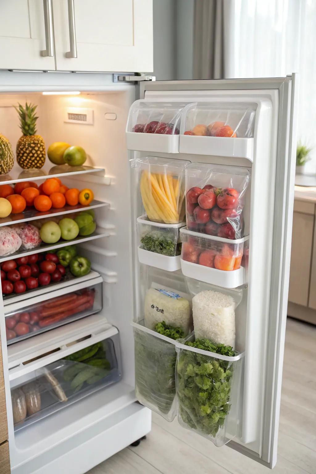 Standing storage of bags is showcased in a top freezer, with produce kept organized and accessible.