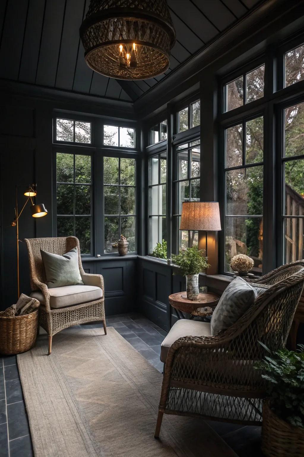 Charcoal walls creating a moody and intimate sunroom setting.