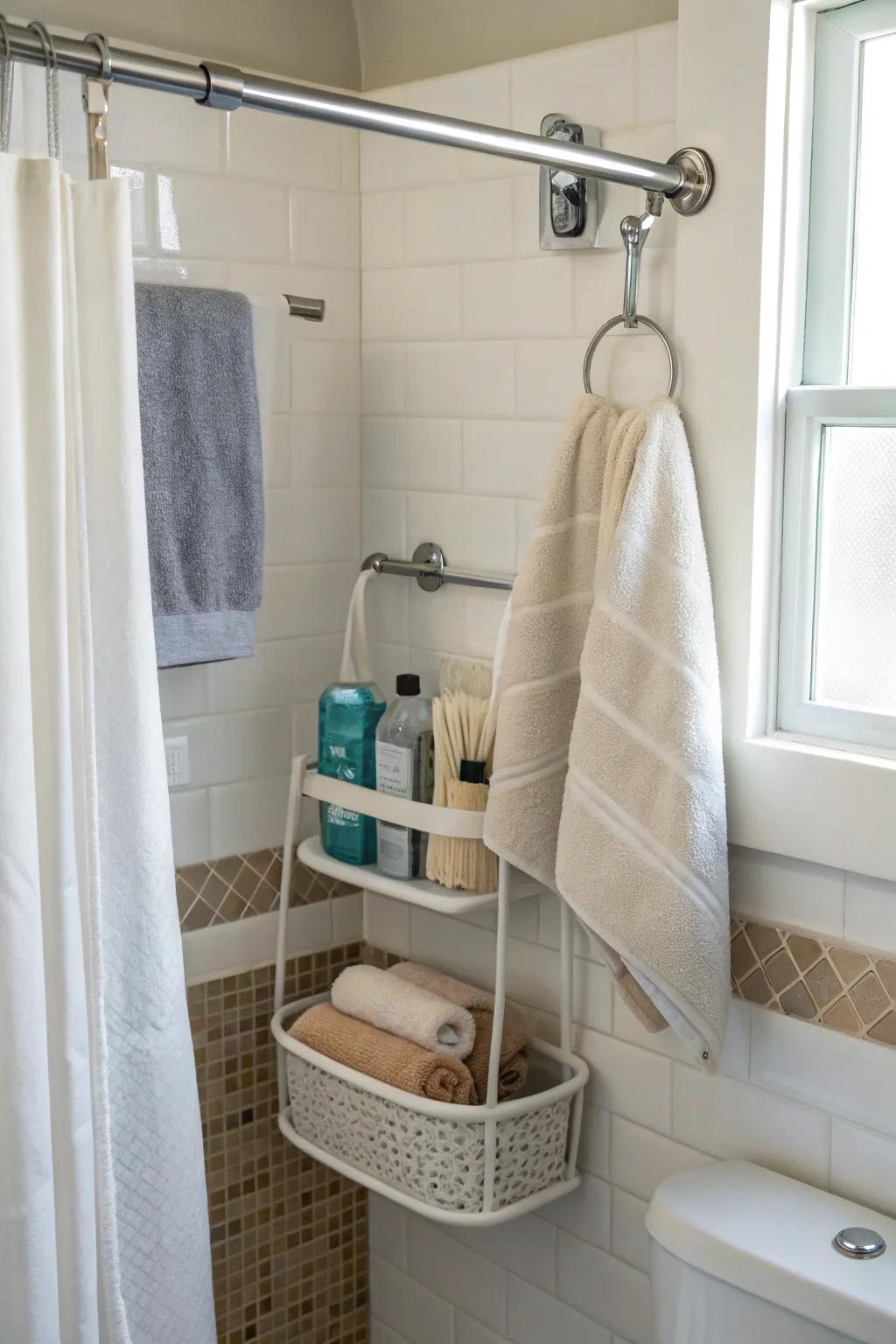 A second shower rod ensures additional arrangement within reach.