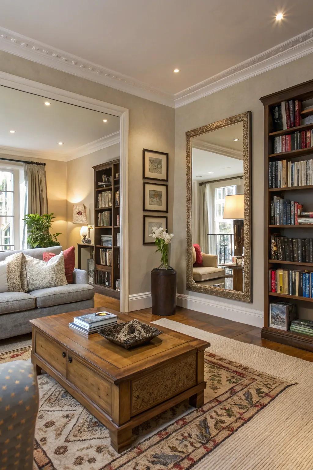 Reflections add depth and reflect light, improving the room’s spaciousness.