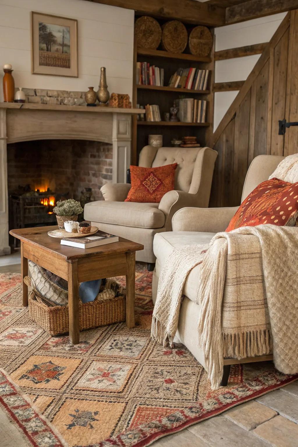 Textiles bring warmth and texture to the fireplace.