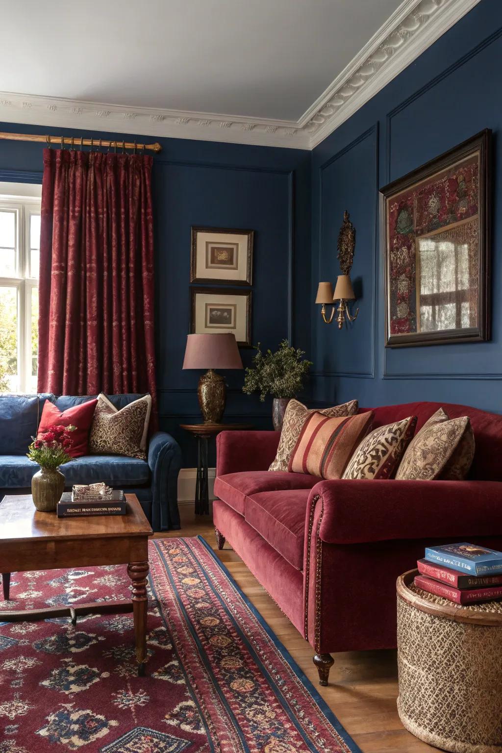 Strong highlight colors enhance the vibrancy of this classic living room.