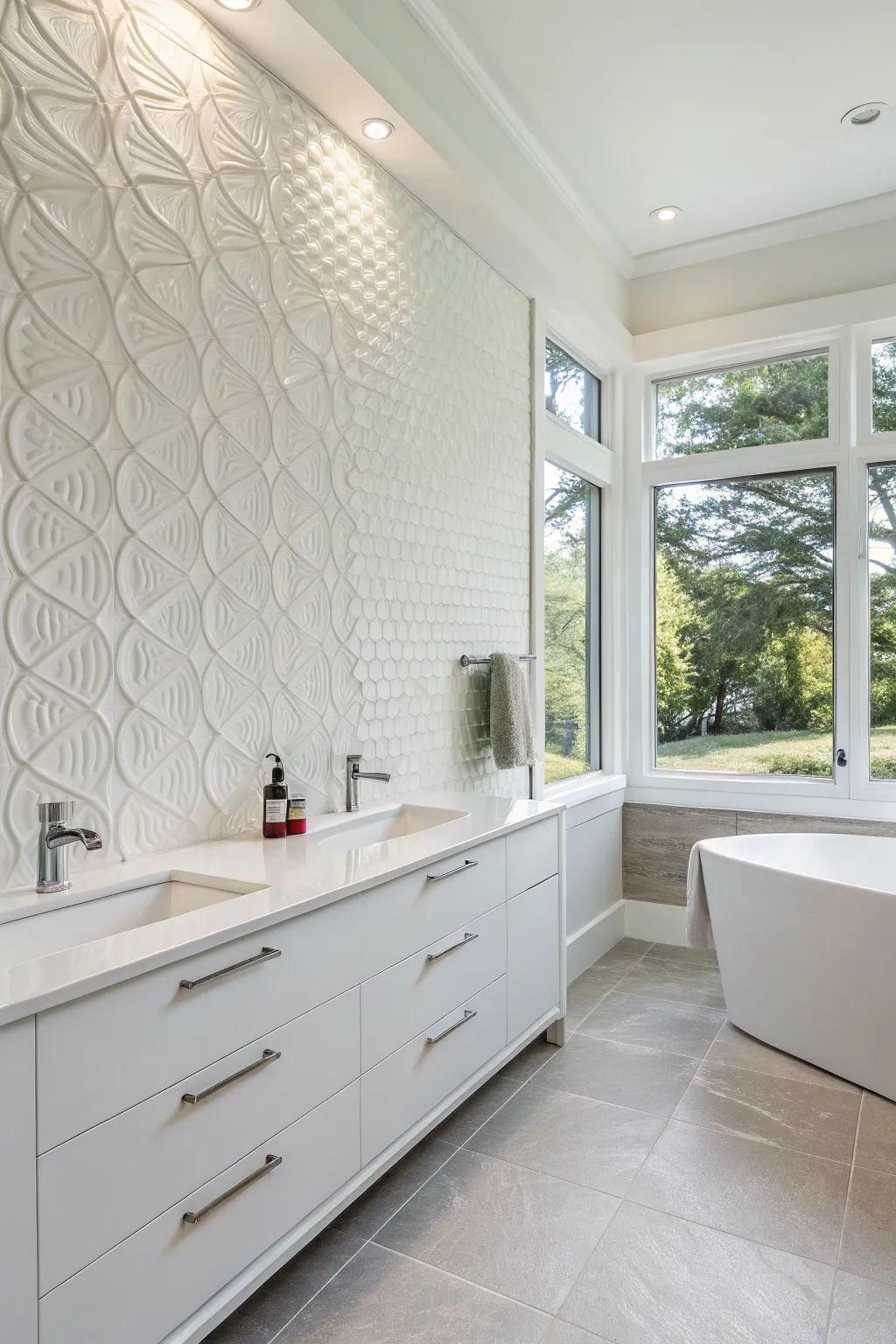 A white bathroom featuring textured wall layers that add depth and interest.