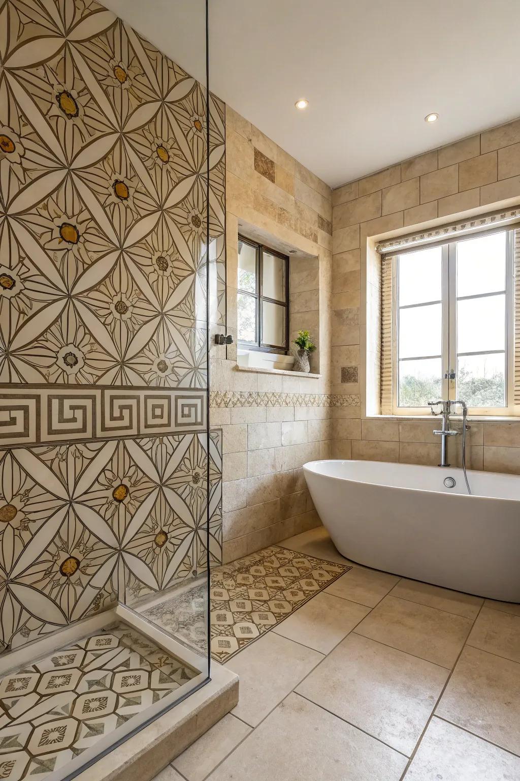A sophisticated travertine bathroom featuring geometric tile patterns.