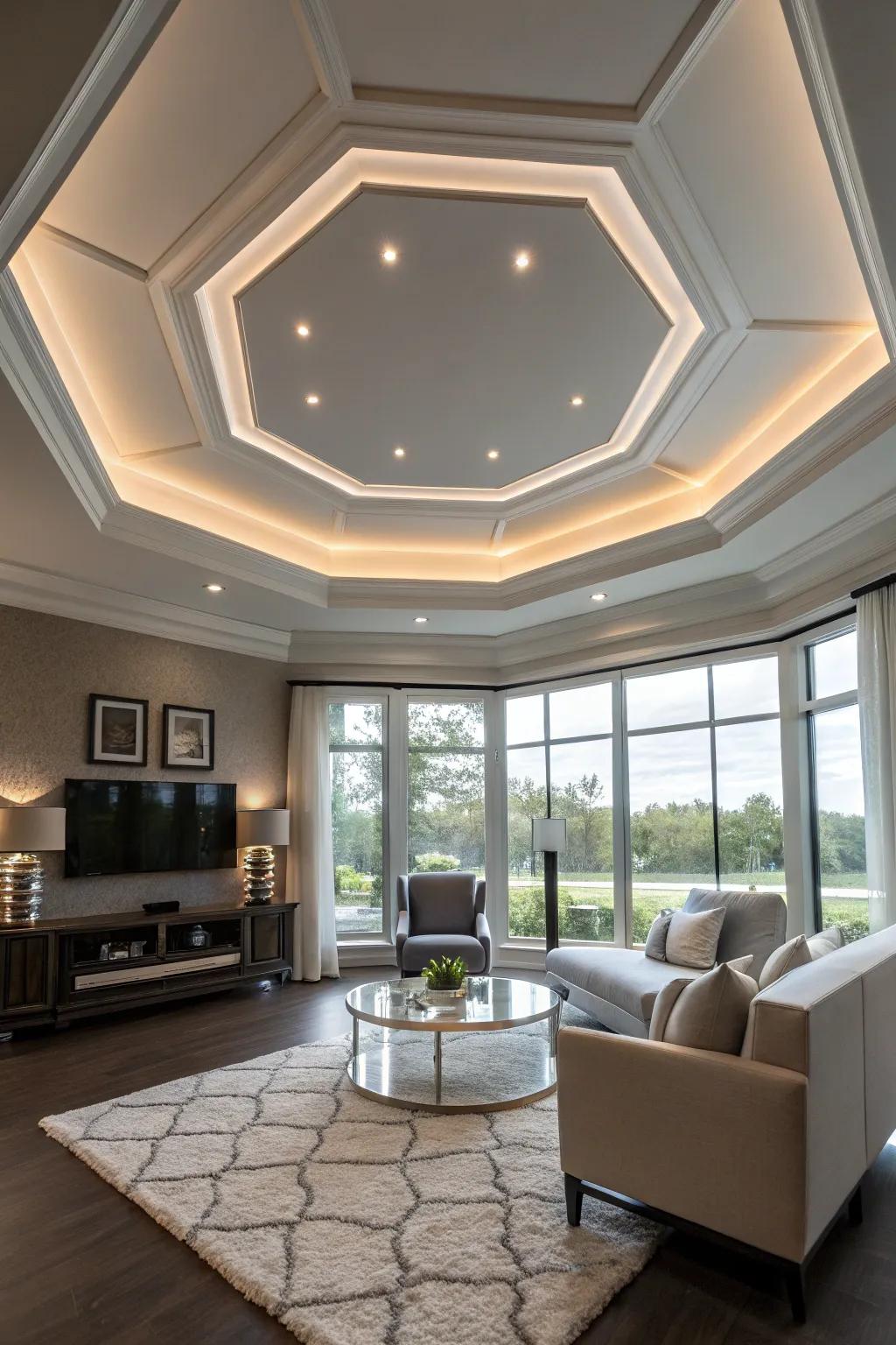 A modern room with an octagonal tray ceiling.