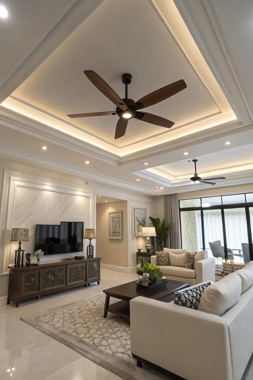A modern living room featuring a sleek air circulator with lighting in the tray ceiling.