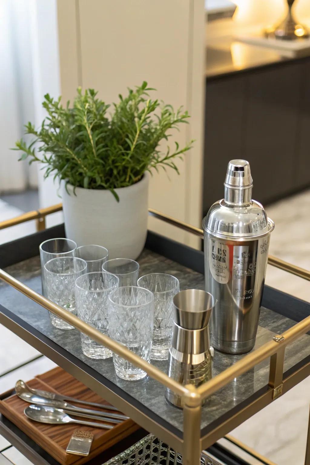 An organized bar cart set for cocktail hour.
