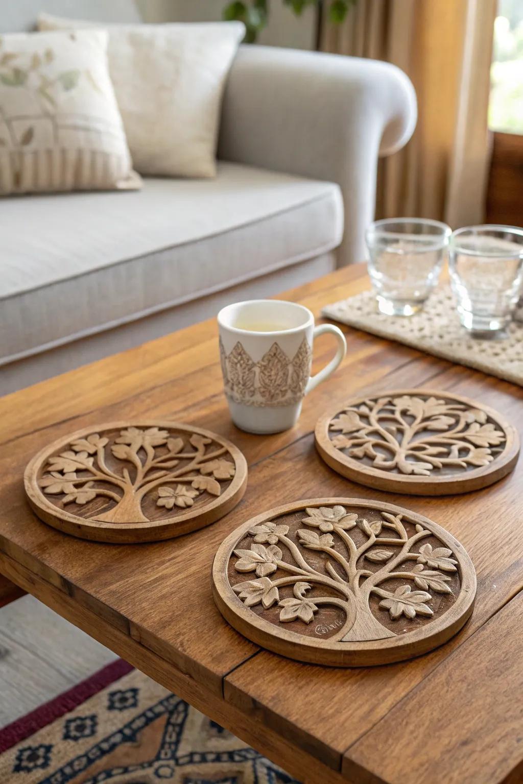 Arbor Vitae coasters introduce charm and protection to a coffee table.