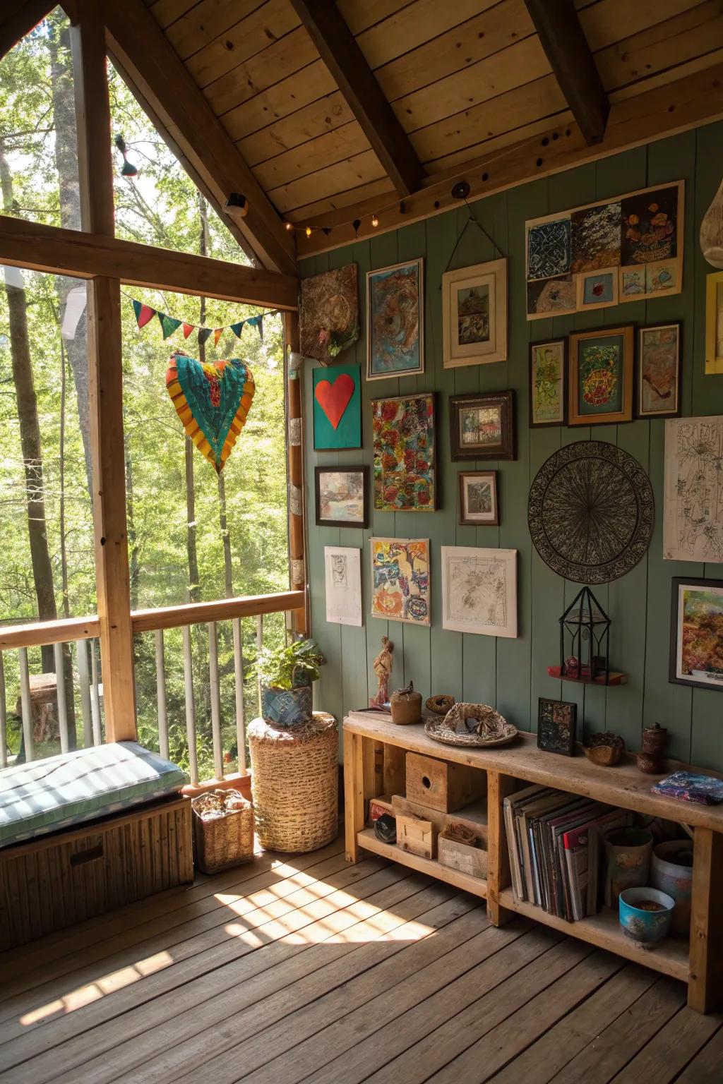 An art exhibit wall in a treehouse, showcasing creativity and adding a personal accent.