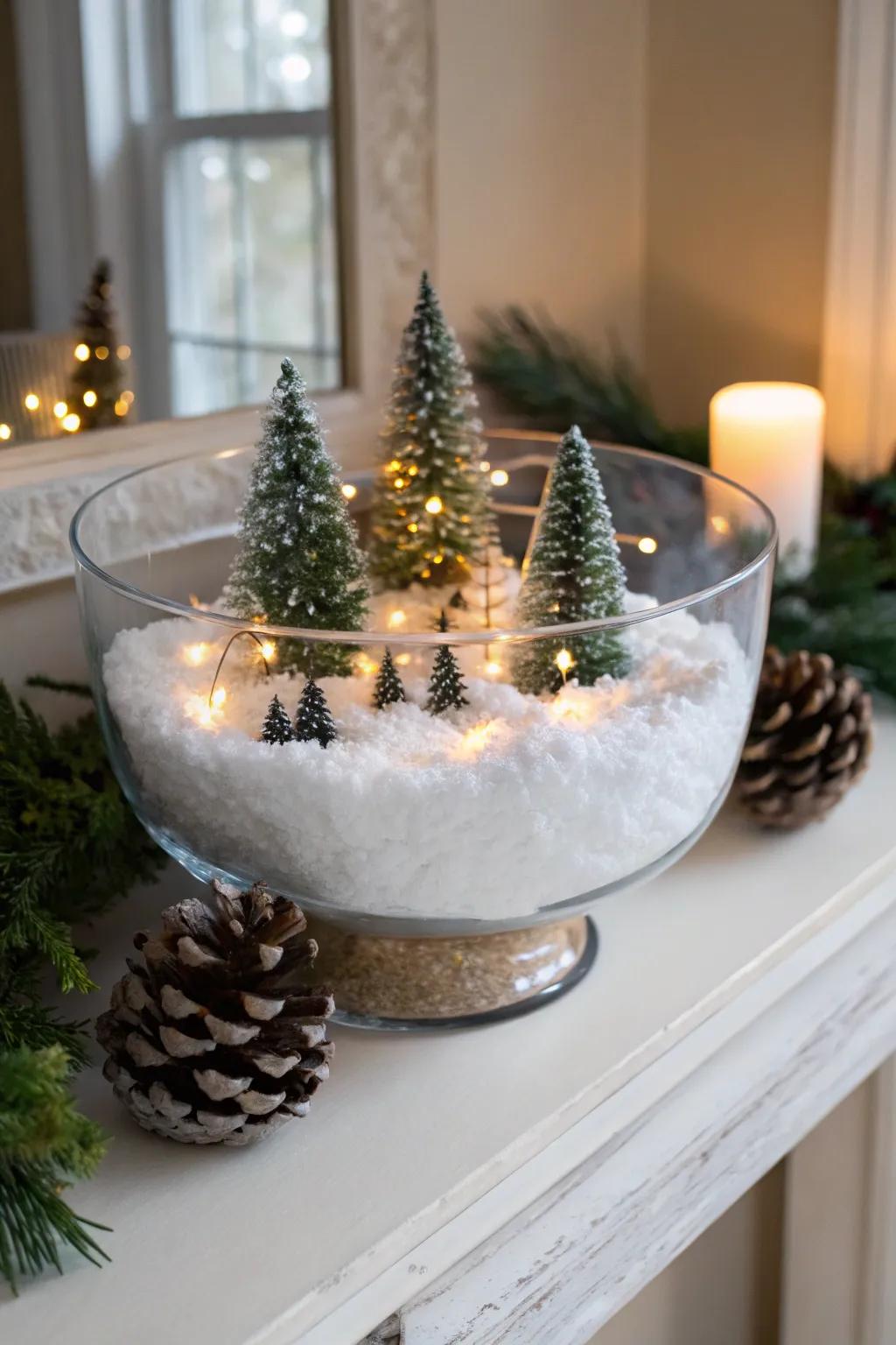 A trifle bowl depicting a charming winter wonderland.