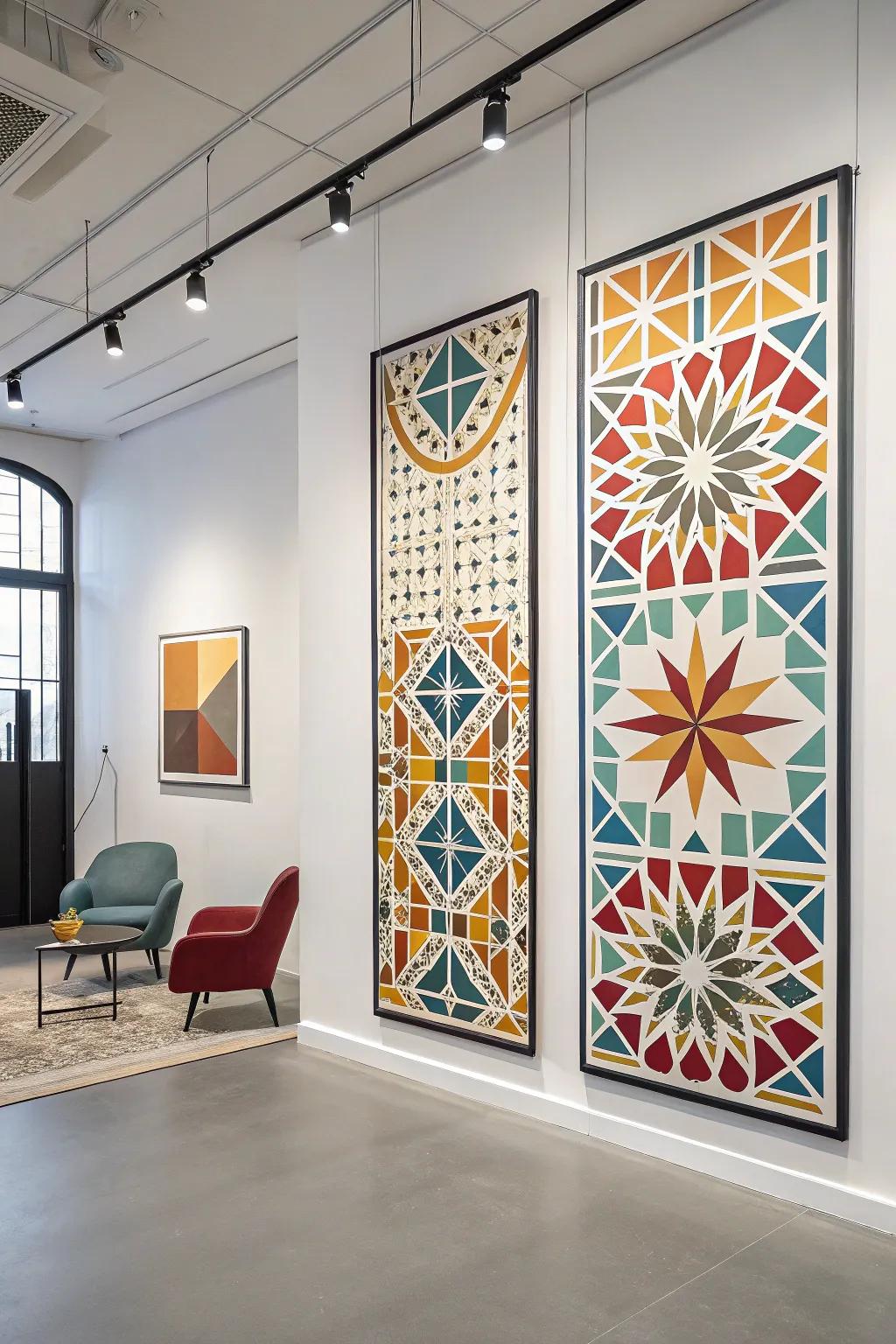 A whimsical triptych of modern geometric patterns.