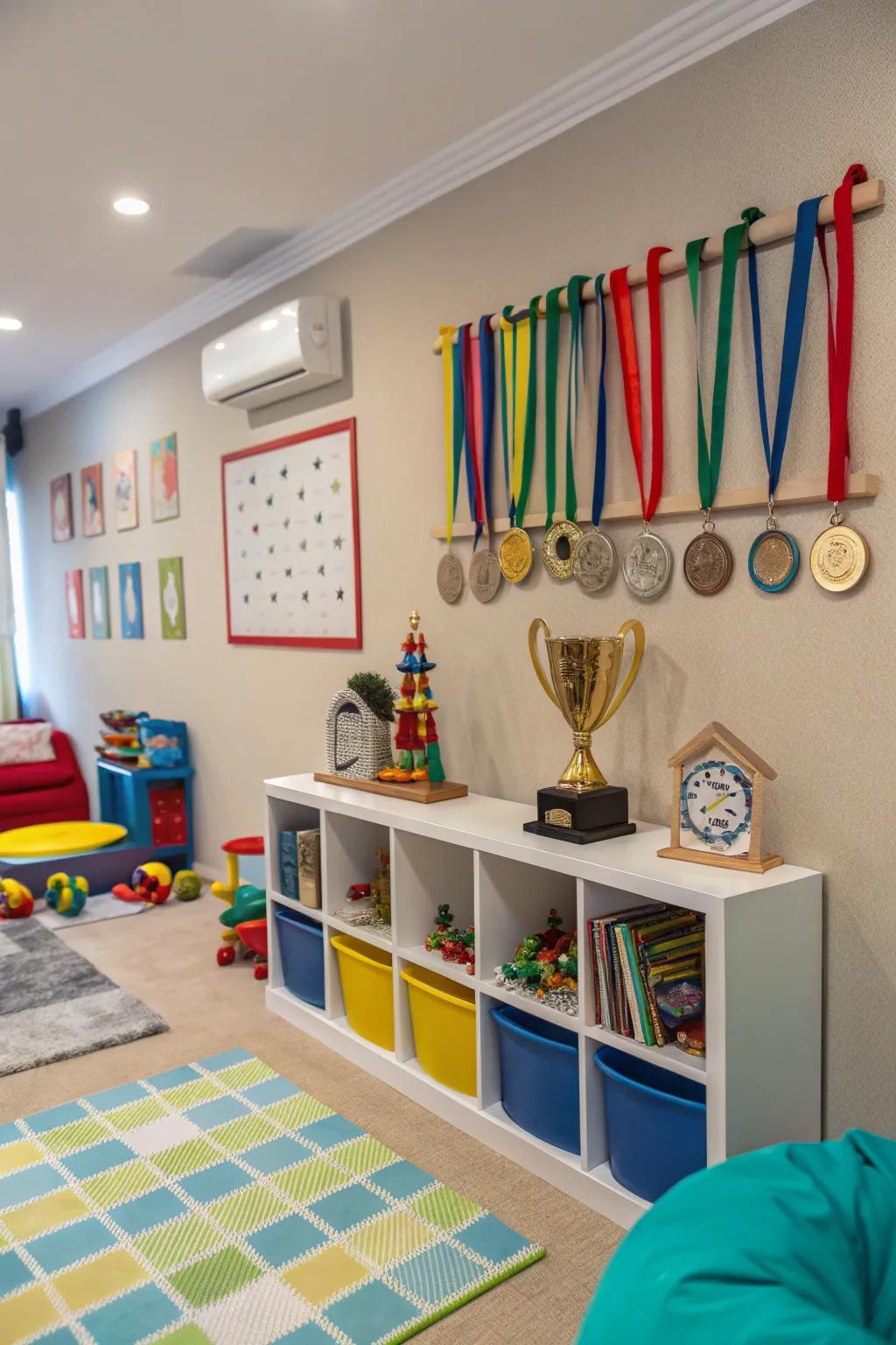 Playful trophy display in a playroom