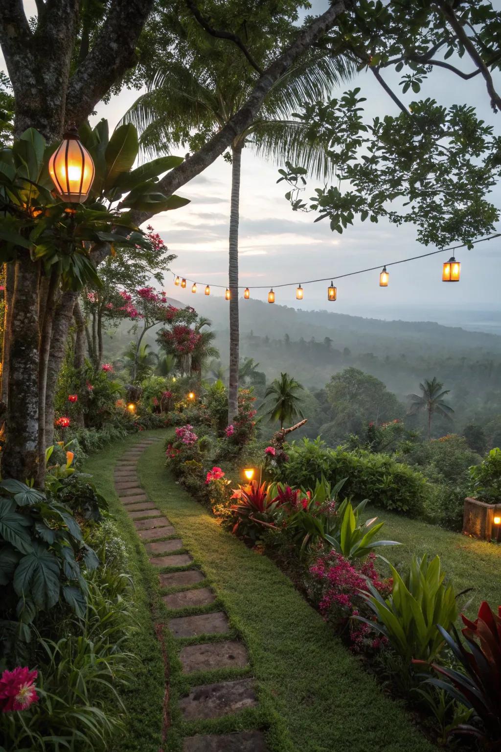 Soft illumination fashioning an enchanting ambiance in the tropic outdoor space.