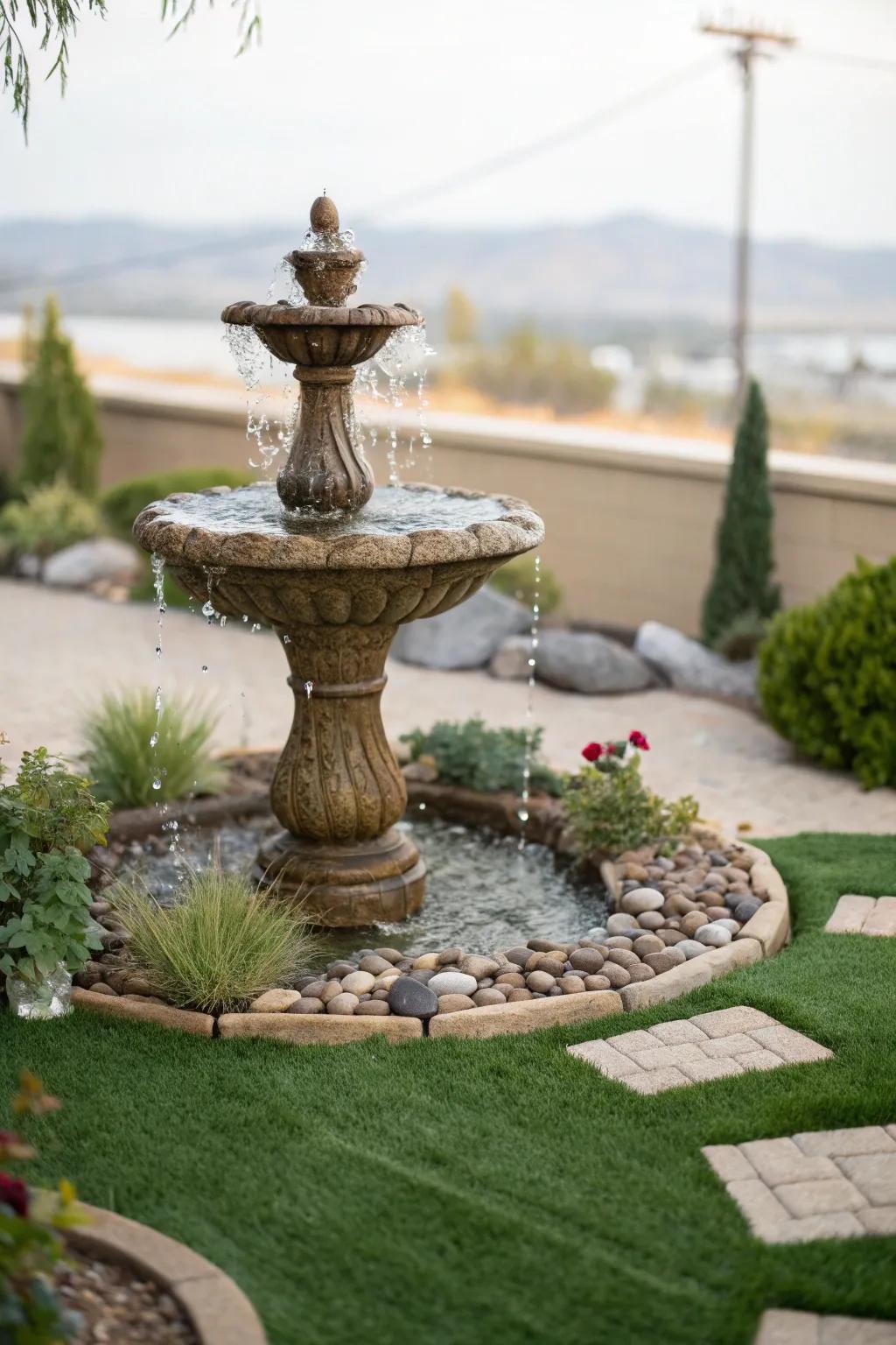 A serene water accent encircled by <strong>faux grass</strong>.” loading=”lazy” class=”pimg”>
	</picture><figcaption>A serene water accent encircled by <strong>faux grass</strong>.</figcaption></figure>
<p>Merge <strong>water accents</strong> with <strong>faux grass</strong> for a tranquil, spa-like retreat. I adore the calming sound of our small fountain against the verdant backdrop.</p>
<h3>You might give these a try:</h3>
<ul class=