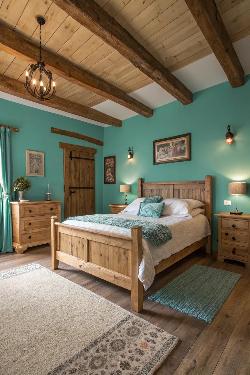 Mixing turquoise with wood creates a warm and welcoming atmosphere.