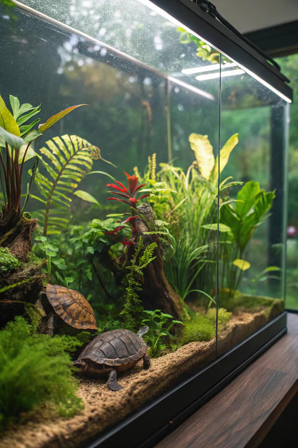 A rainforest design provides both beauty and security for your turtle.