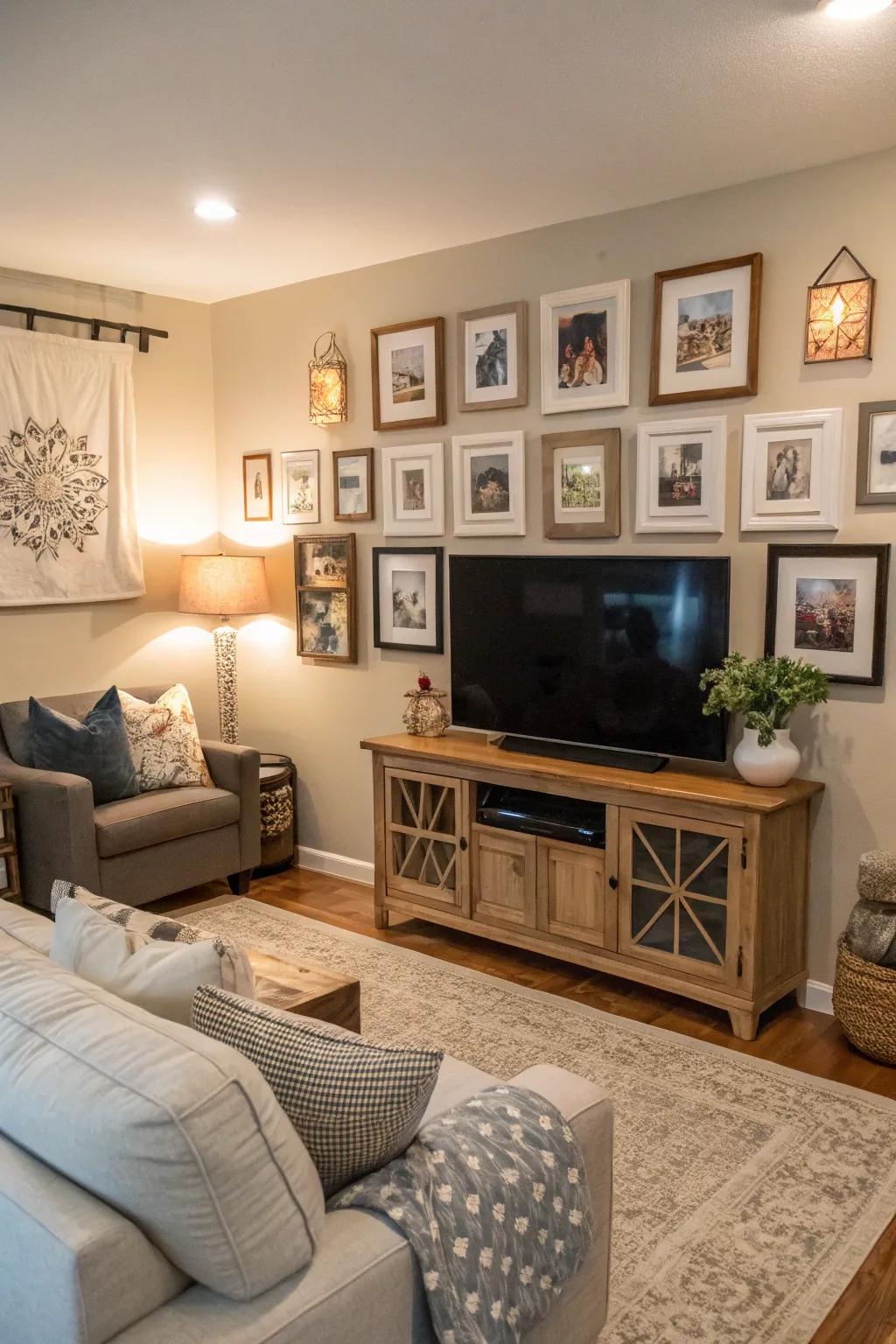 Personal photographs infuse warmth into this television gallery wall.
