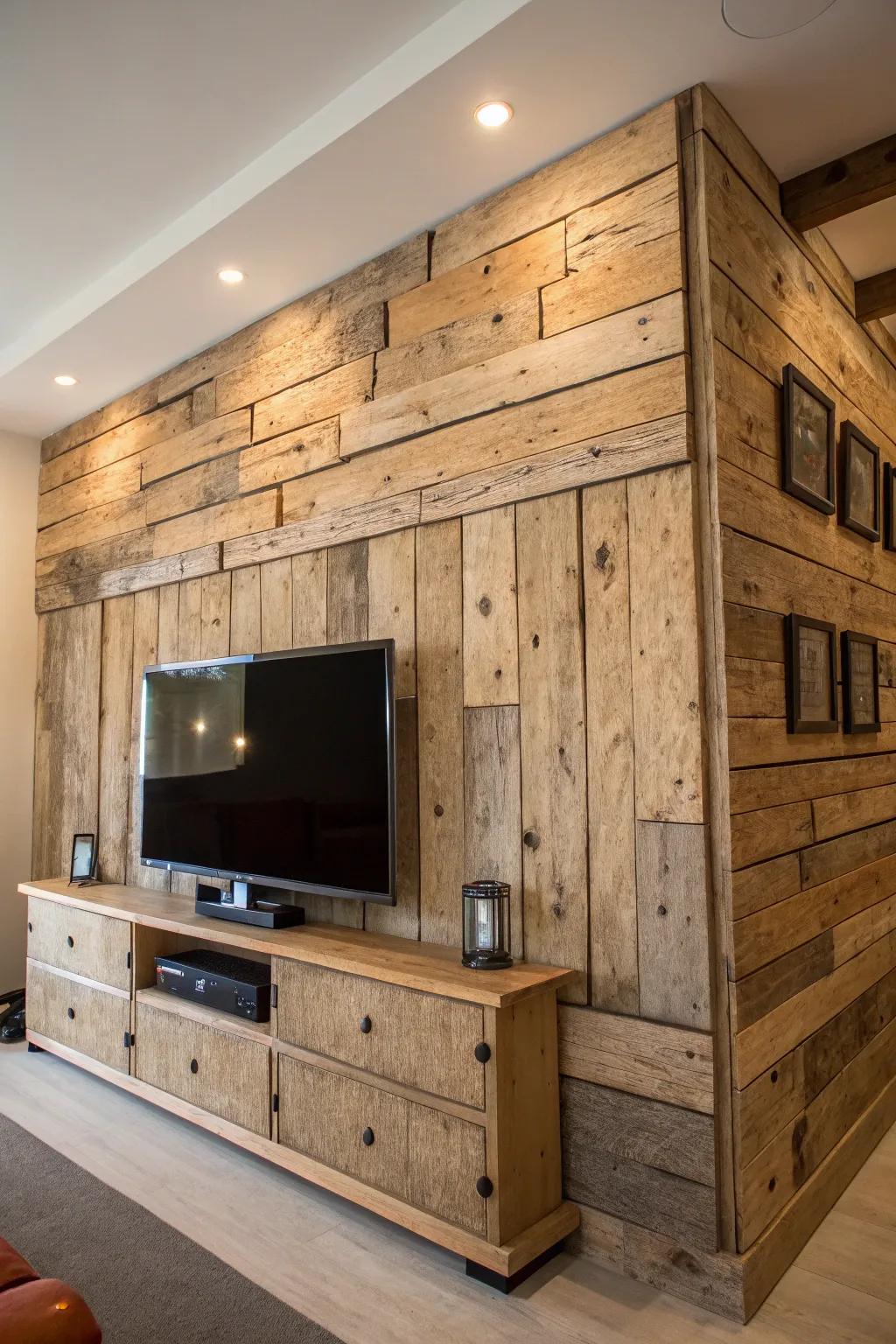 Rustic touches contribute warmth and charm to TV areas.