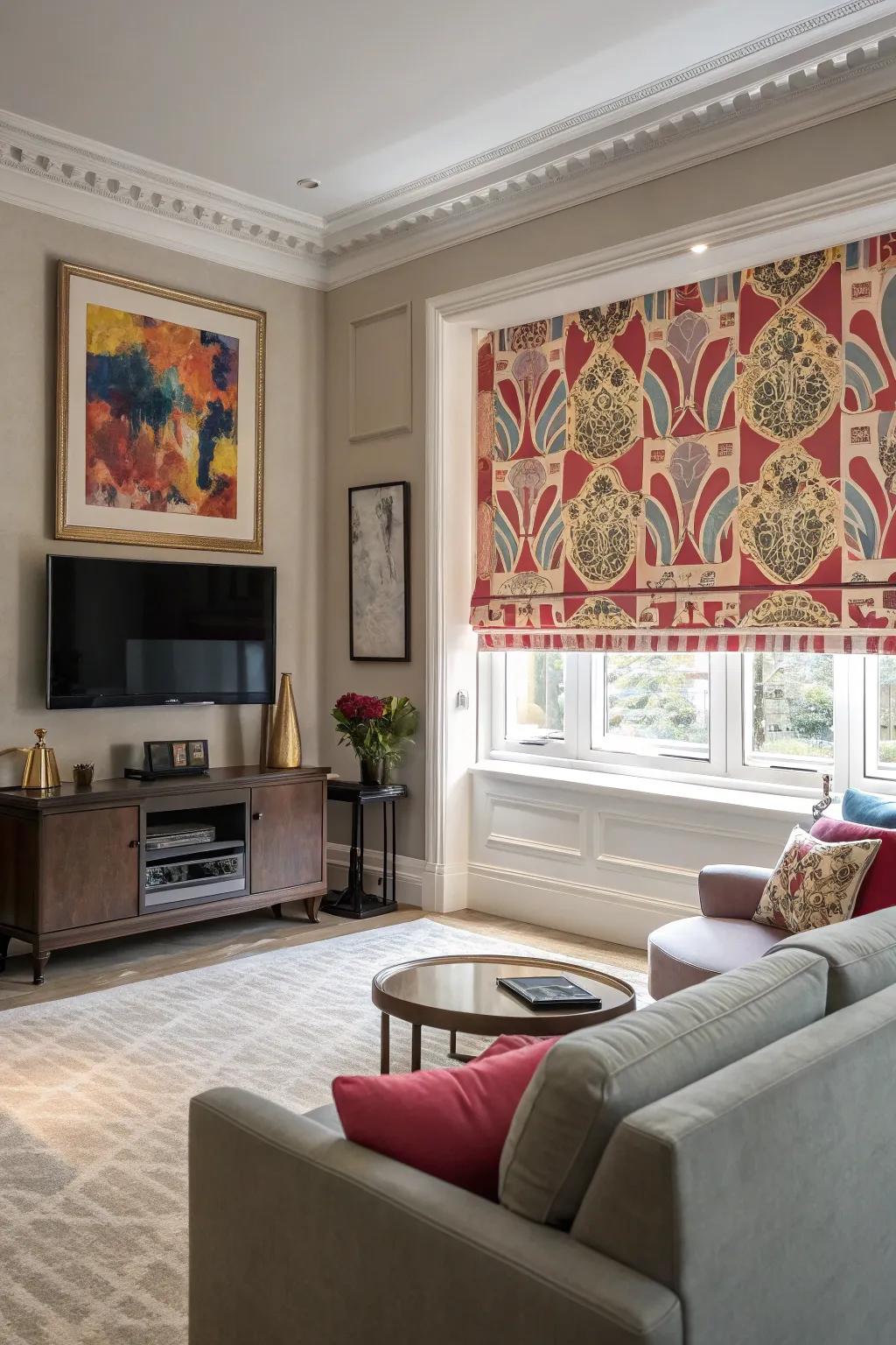 Fabric roller blinds offer chic TV concealment.