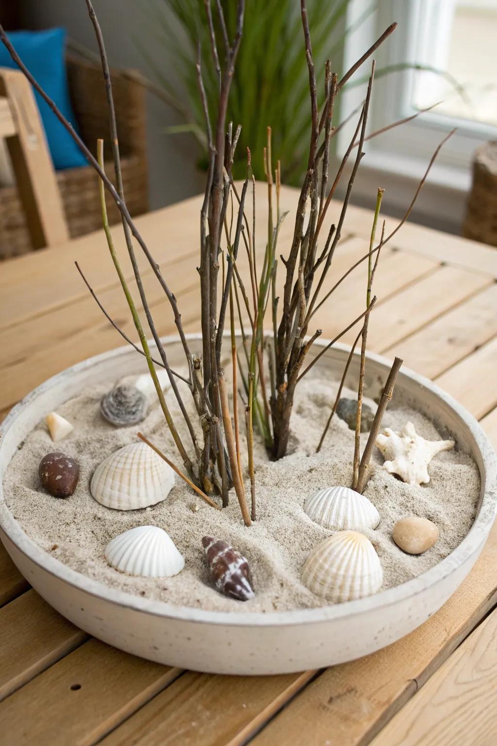 A coastal centerpiece showcasing branches and seashells.